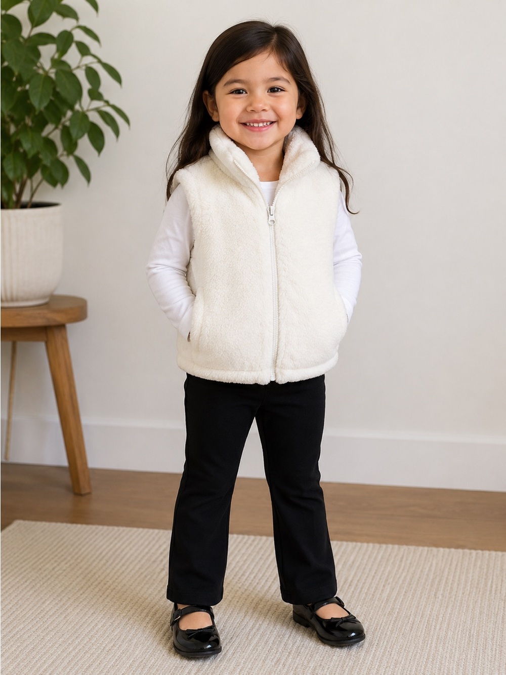 Thread & Supply WHITE Plush Vest with High Collar faux fur zip up new size 4/5